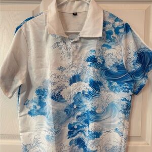 Blue and White Wave Print Shirt